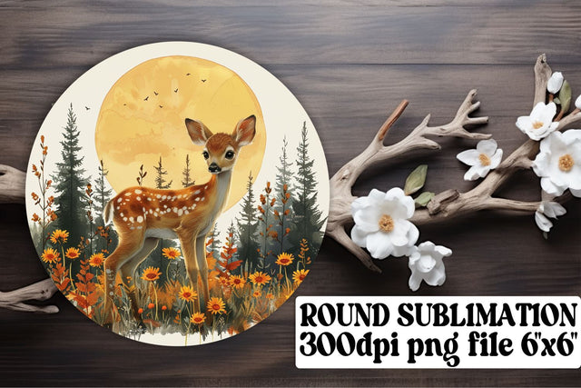 Cute Deer & Flower Watercolor Keychain Sublimation Round Design Sublimation afrosvg 