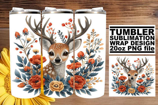 Cute Deer & Flower Watercolor Tumbler Wrap Sublimation 20oz Sublimation afrosvg 