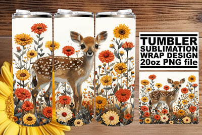 Cute Deer & Flowers 20oz Tumbler Wrap Sublimation Design Sublimation afrosvg 