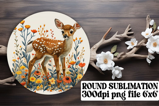 Cute Deer & Flowers Keychain Sublimation Art Round Design Sublimation afrosvg 