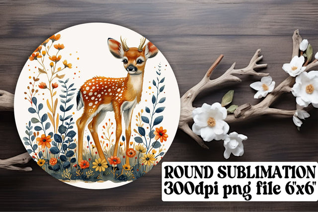 Cute Deer & Flowers Round Design Keychain Sublimation Sublimation afrosvg 
