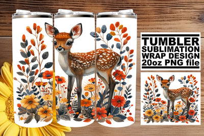 Cute Deer & Flowers Tumbler Wrap Sublimation Art 20oz Sublimation afrosvg 