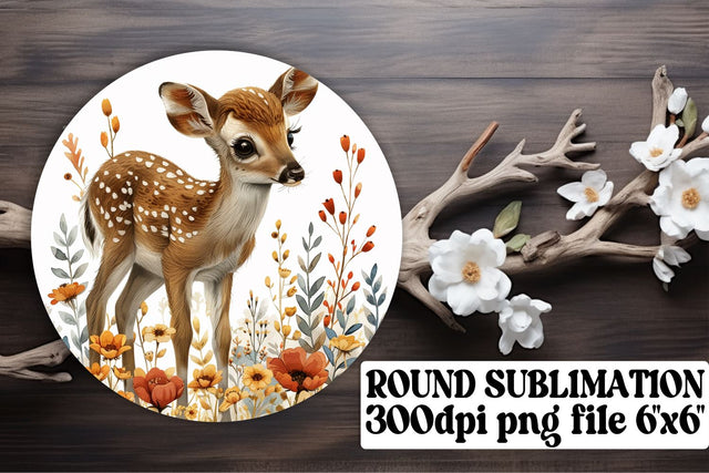 Cute Deer with Flowers Keychain Sublimation Design for Round Sublimation afrosvg 