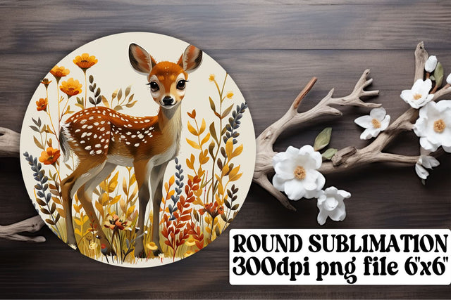 Cute Deer with Flowers Keychain Sublimation Design Round Sublimation afrosvg 