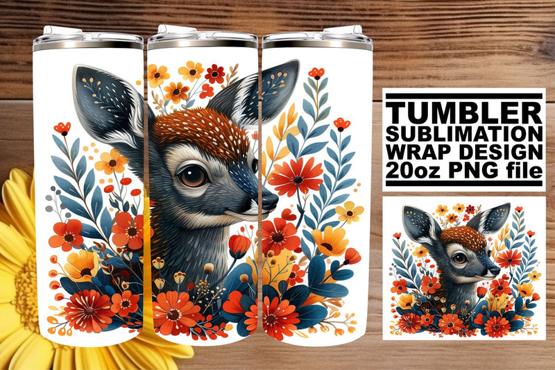 Cute Deer with Flowers Tumbler Wrap Sublimation Design for 20oz Sublimation afrosvg 