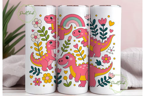 Cute Dino Floral 20oz Tumbler Wrap Sublimation PixelChick 