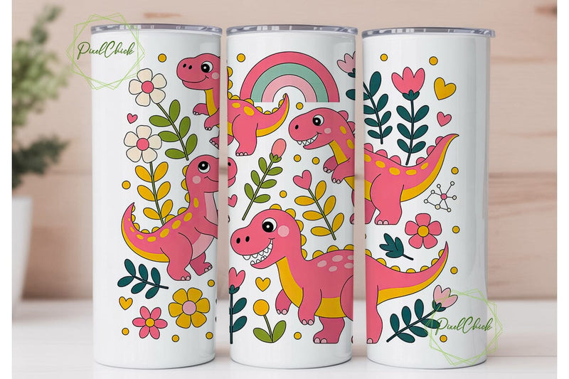 Cute Dino Floral 20oz Tumbler Wrap Sublimation PixelChick 