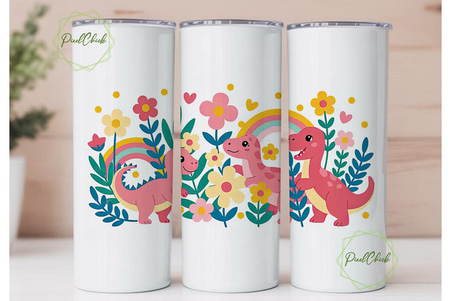 Cute Dino Floral 20oz Tumbler Wrap Sublimation PixelChick 