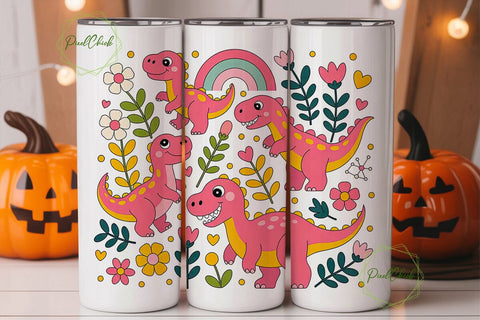 Cute Dino Floral 20oz Tumbler Wrap Sublimation PixelChick 