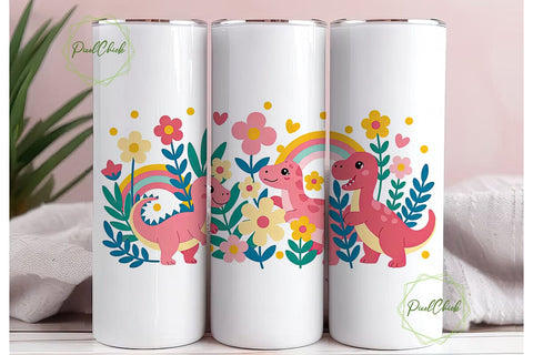 Cute Dino Floral 20oz Tumbler Wrap Sublimation PixelChick 