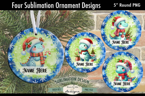 Cute Dinosaur Christmas Ornament Designs PNG File | Add Name Sublimation Ewe-N-Me Designs 