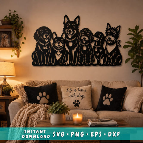 Cute Dogs Metal Wall Art SVG | Multi Dog Silhouette CNC Plasma Cut File | Dog Lover Decor DXF Eps Png | Laser Cut Dog Family Sign SVG HappyDesignStudio 