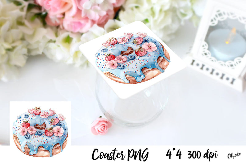Cute Donut Sublimation PNG. Watercolor Coaster PNG Sublimation Olga Terlyanskaya 