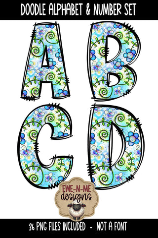 Cute Doodle Flowers Alphabet and Numbers | Floral PNG Letters Sublimation Ewe-N-Me Designs 