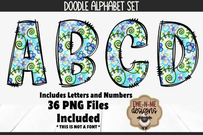 Cute Doodle Flowers Alphabet and Numbers | Floral PNG Letters Sublimation Ewe-N-Me Designs 