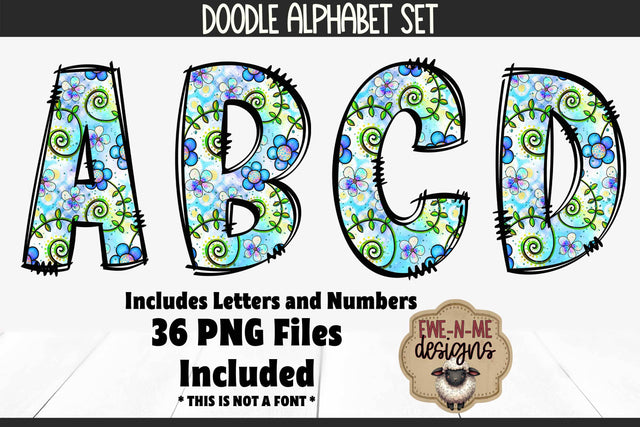 Cute Doodle Flowers Alphabet and Numbers | Floral PNG Letters Sublimation Ewe-N-Me Designs 
