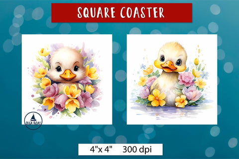Cute Duck png | Watercolor animal flowers coaster Sublimation Olga Boat Design 