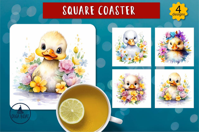 Cute Duck png | Watercolor animal flowers coaster Sublimation Olga Boat Design 