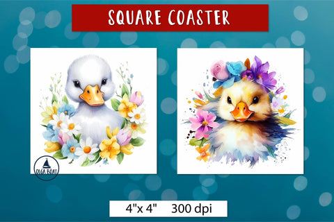 Cute Duck png | Watercolor animal flowers coaster Sublimation Olga Boat Design 