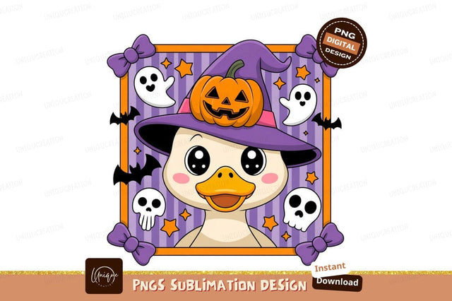 Cute duck wearing witch hat with pumpkin halloween Sublimation Designangry 