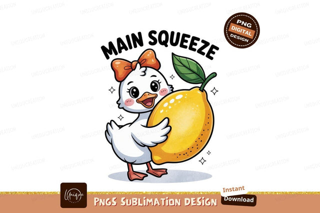 Cute duckling holding yellow lemon image Sublimation Designangry 