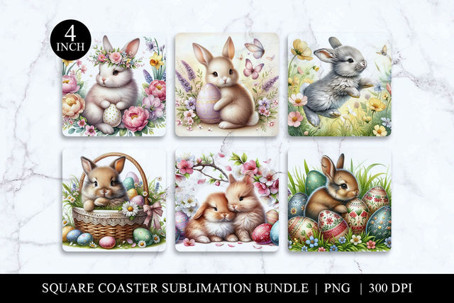 Cute Easter Bunnies Coaster Sublimation PNG Bundle Sublimation BijouBay 