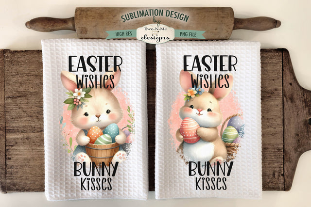 Cute Easter Bunnies Kitchen Towel Sublimation Designs - Easter Wishes Bunny Kisses Sublimation Ewe-N-Me Designs 