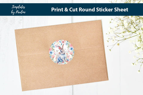 Cute Easter Bunny Round Sticker Sheet, Easter Digital Sticker SVG Templates by Pauline 