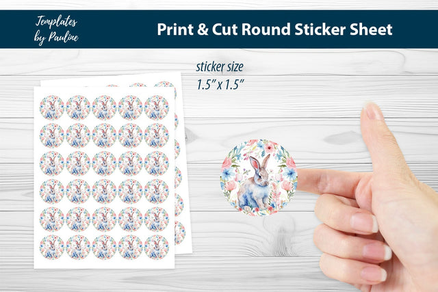 Cute Easter Bunny Round Sticker Sheet, Easter Digital Sticker SVG Templates by Pauline 
