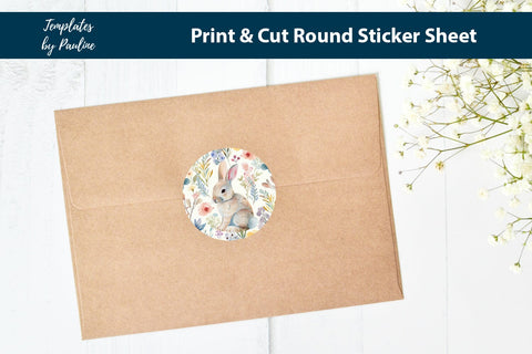 Cute Easter Bunny Round Sticker Sheet, Easter Digital Sticker SVG Templates by Pauline 