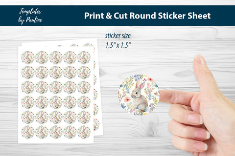 Cute Easter Bunny Round Sticker Sheet, Easter Digital Sticker SVG Templates by Pauline 