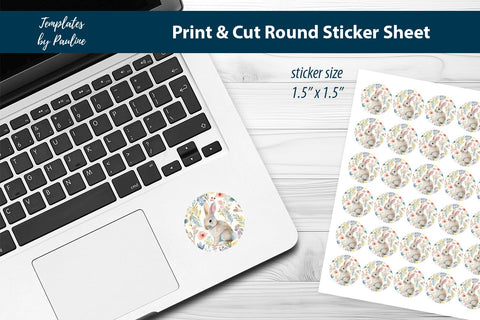 Cute Easter Bunny Round Sticker Sheet, Easter Digital Sticker SVG Templates by Pauline 