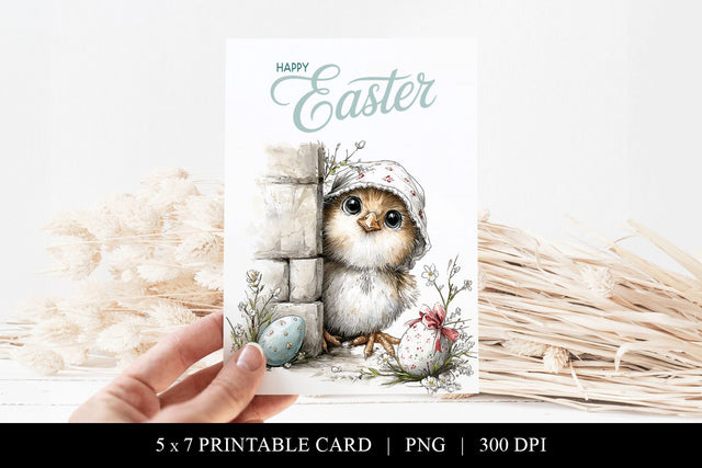 Cute Easter Chick Printable Card | 5x7 Watercolor Easter Card PNG Sublimation BijouBay 