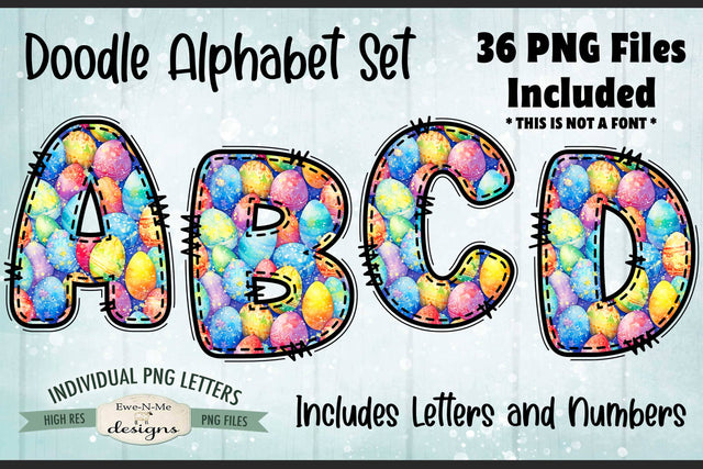 Cute Easter Egg Doodle Alphabet & Number Set | 36 PNG Files Sublimation Ewe-N-Me Designs 