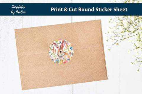 Cute Easter Hare Round Sticker Sheet, Easter Digital Sticker SVG Templates by Pauline 