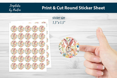 Cute Easter Hare Round Sticker Sheet, Easter Digital Sticker SVG Templates by Pauline 