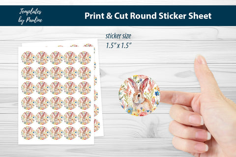 Cute Easter Hare Round Sticker Sheet, Easter Digital Sticker SVG Templates by Pauline 