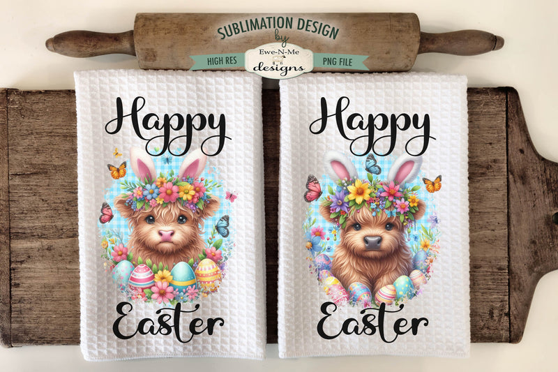 Cute Easter Highland Cows Kitchen Towel Sublimation Designs - Cows with Bunny Ears Sublimation Ewe-N-Me Designs 