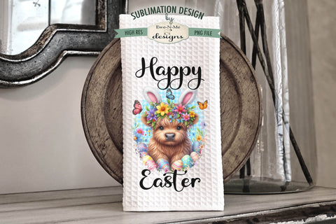 Cute Easter Highland Cows Kitchen Towel Sublimation Designs - Cows with Bunny Ears Sublimation Ewe-N-Me Designs 