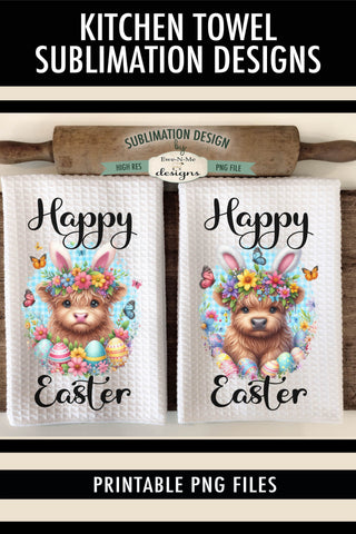 Cute Easter Highland Cows Kitchen Towel Sublimation Designs - Cows with Bunny Ears Sublimation Ewe-N-Me Designs 