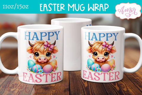 Cute Easter Mug Wrap PNG, highland cow mug template PNG Sublimation Amorclipart 