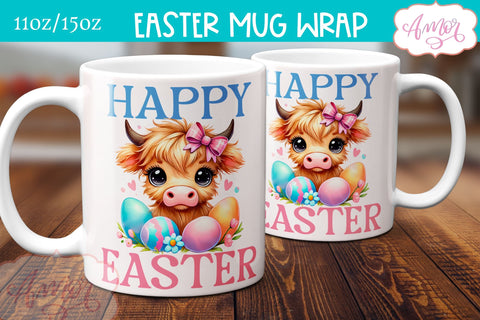 Cute Easter Mug Wrap PNG, highland cow mug template PNG Sublimation Amorclipart 