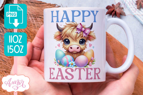 Cute Easter Mug Wrap PNG, highland cow mug template PNG Sublimation Amorclipart 