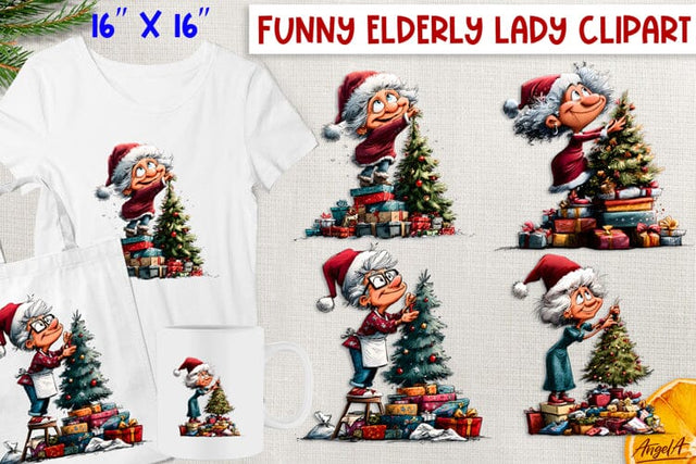 Cute elderly old lady with Christmas tree clipart PNG Sublimation Angelina Semenova 