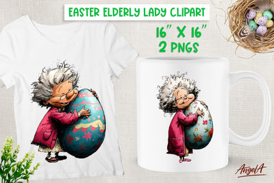 Cute Elderly old lady with Easter big eggs clipart PNG Sublimation Angelina Semenova 