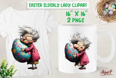 Cute Elderly old lady with Easter hugging big eggs clipart Sublimation Angelina Semenova 