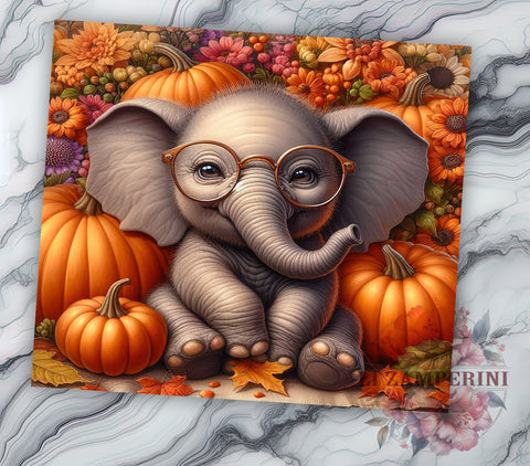 Cute Elephant Fall Pumpkin 20oz Tumbler Wrap PNG, Floral Autumn Tumbler PNG Sublimation Design, Straight & Tapered Tumbler Wrap, Instant Digital Download Sublimation Li Zamperini 