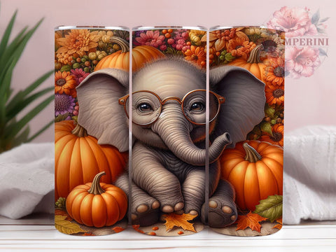 Cute Elephant Fall Pumpkin 20oz Tumbler Wrap PNG, Floral Autumn Tumbler PNG Sublimation Design, Straight & Tapered Tumbler Wrap, Instant Digital Download Sublimation Li Zamperini 