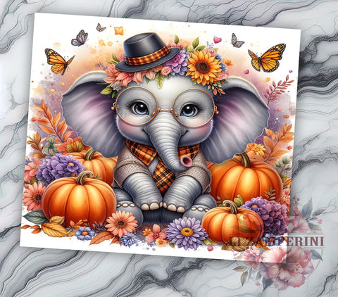 Cute Elephant Fall Pumpkin 20oz Tumbler Wrap PNG, Floral Autumn Tumbler PNG Sublimation Design, Straight & Tapered Tumbler Wrap, Instant Digital Download Sublimation Li Zamperini 