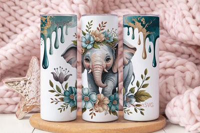 Cute Elephant Floral 20oz Tumbler Wrap Sublimation DesignSVG 